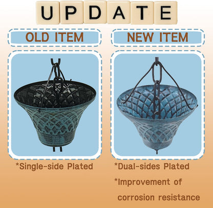 [Upgraded] 8.5FT Sky Blue Iron(Both-Sided) Rain Chains for Gutter and Rain Barrel, Rust-Resistant Plated Garden Décor Rain Chain for Downspout, W/Rain Chain Gutter Adapter, Earrings for House