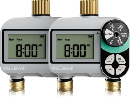 [2 Pack] QUOBAS 2 Zone Water Timer for Garden Hose, Automatic Sprinkler Timer with Dual Outlets, Heavy Duty Brass Fittings, Leak-Free, Programmable, for Lawn Watering and Drip Irrigation System