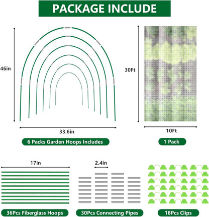 Garden Netting Kit for Raised Beds, 10x30FT Ultra Fine Mesh Netting＆ 6 Sets of 8FT Fiberglass Garden Hoops, Bird Barrier Protection Net Vegetable Plant Cover Fruit Flowers Row Cover