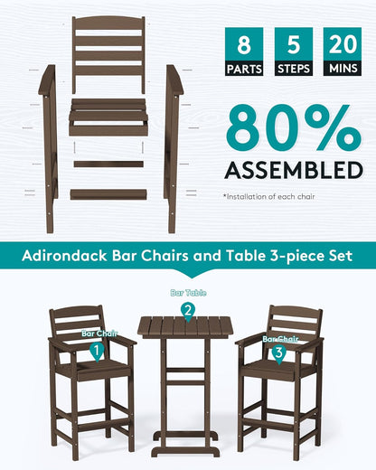 SERWALL HDPE Outdoor Patio Bar Set, Tall Adirondack Bar Chair and Table Set (Coffee, 3 pcs)