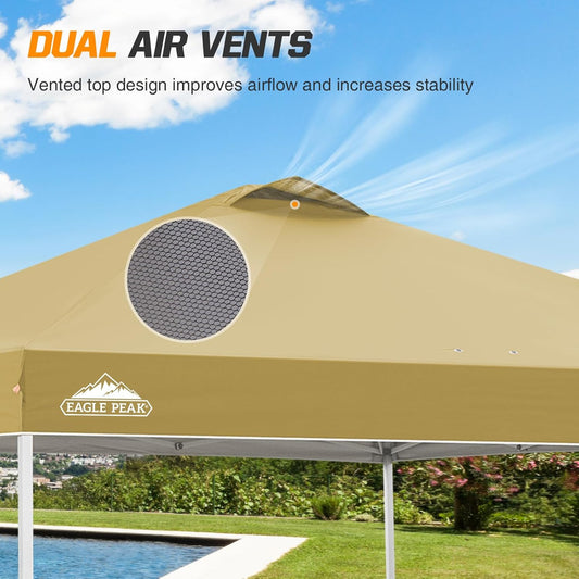 EAGLE PEAK Pop Up Canopy Tent with Wheeled Carry Bag, 8 Stakes, 4 Ropes, 4 Weight Bags, Easy Set Up Tent Canopy, 10x10 ft, 100sqft of Shade, Beige