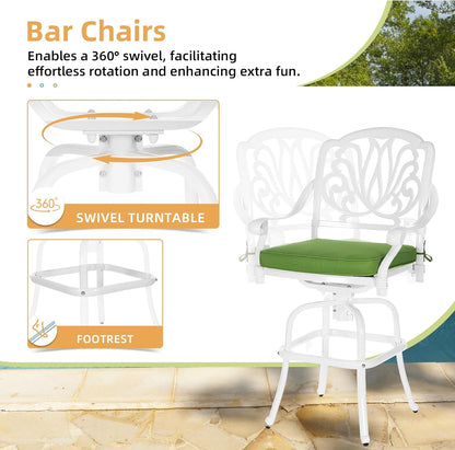 5 Pieces Patio Swivel Bar Set, Patio Bar Table and Chairs Set, All-Weather Cast Aluminum Outdoor Swivel Bar Stools of 4 and 38.5" Round Bar Table, High Top Bistro Set for Deck, Pool, White