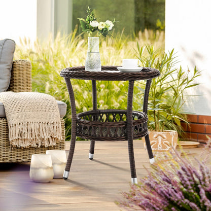 Outdoor Side Table Patio Wicker Coffee Table Outdoor End Table Rattan Bistro Table with Storage & Black Glass Table Top Round for Outside Balcony Porch Backyard Deck Brown