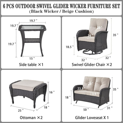 6 Pieces Wicker Patio Conversation Sets with Outdoor Swivel Rocker Chairs and Loveseat Glider Chair, All-Weather Rattan Furniture Set for Deck Patio Sunroom Backyard Black