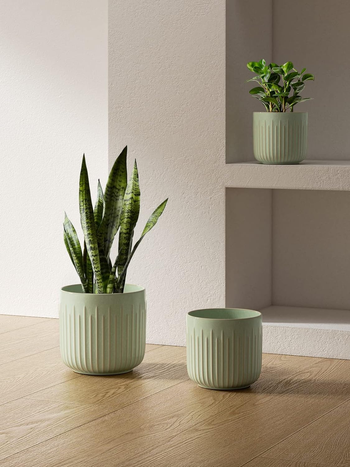 LE TAUCI Fluted Ceramic Planters Set of 3 – 8.3/7 / 5.7 in Sage Green Reactive Cylinder Indoor Plant Pots with Drainage Plug & Mesh, Glossy Stoneware Flower Pots for Succulents Herbs