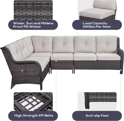 Outdoor Sectional Sofa Furniture Set with 50000BTU Propane Fire Pit Table, Wicker Patio Conversation Set with 2 Swivel Glider Rocker Chairs Beige Cushion Perfect for Backyard Casual Gathering