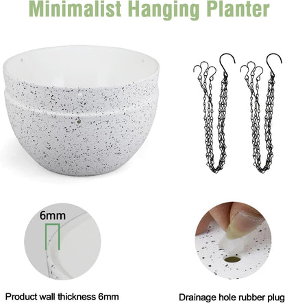 12 inch Large Hanging Planters for Indoor Outdoor Plants, 2 Pack Hanging Flower Pots with Drainage Holes and Chain for Garden Porch, Plastic Hanging Baskets for House Plants, Speckled White