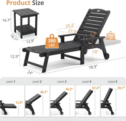 LUE BONA Chaise Lounge Chairs Set with Table, 6-Piece, 79'' Oversized HDPS Chaise Lounger, 5 Positions Adjustable Lounge Chairs, Pool Lounge Chair with Wheels for Poolside, 3 Year Warranty, Black