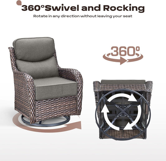 4 Piece Outdoor Patio Swivel Rocker Chairs, Waterproof Wicker, High Back, Deep Seating, Wide Armrest, Upgraded 6 inch Thick Cushions, Ideal for Deck Porch Backyard, Brown/Grey