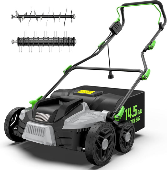 16-Inch 15.5 Amp 2-in-1 Electric Dethatcher and Scarifier with 14.5-Gallon Removable Thatch Collection Bag, Lawn Dethatcher with 5-Position Depth Adjustment, Quick-Fold, Keeps Lawn Healthy