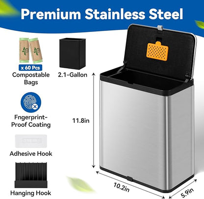 Compost Bin Kitchen, 2.1 Gallon Stainless Steel Trash Can with Lid for Countertop or Under Sink, Hanging Small Trash Bin, Removable Inner Bucket, Built-in Charcoal Filter, 60 Compostable Garbage Bags