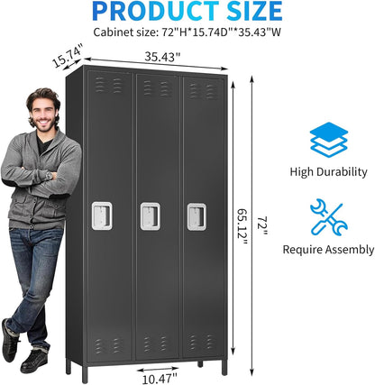 72" Metal Lockers for Employees with 3 Door, Black Metal Storage Cabinet with 9 Hooks, Industrial Locker, Assembly Required, for Gym, School, Classroom, Home, Office, Industrial
