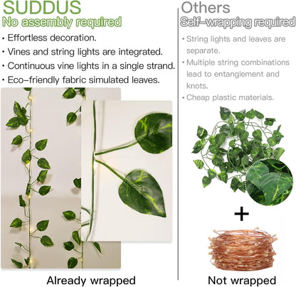 suddus Solar Fairy Lights, 33ft 100 Led Pothos Leaf Solar String Lights Outdoor Waterproof, 8 Modes Vines with Lights for Balcony, Deck, Patio, Garden, Fence,Wedding (Warm White)