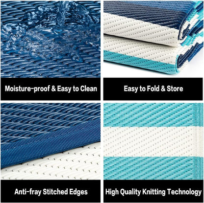 Outdoor Waterproof Rug 9'x12' Plastic Straw Rugs Washable Reversible Floor Mat Blue Stripe Carpet for Camping RV Deck Entryance Porch Picnic Balcony Beach Backyard