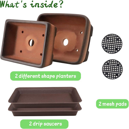 MUZHI 2 Pack Handmade Color Gradational Terracotta Bonsai Pot 5 Inch and 6 Inch with Drip Tray, Breathable Unglazed Rectangle Ceramic Planter for Tree Succulent Cactus