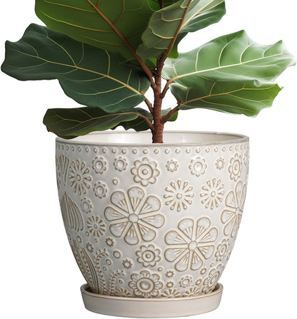 10 Inch Ceramic Planter Pot Large Plant Pot for Indoor Plants Outdoor Round Flower Pot with Drainage Hole and Saucer for Home Garden Decor White
