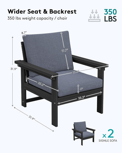SERWALL Outdoor Patio Sofa Set, 2-Piece HDPE Single Seat Outdoor Sofa Chair with Padded Cushions, Black Frame with Grey Cushion