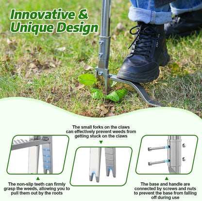 Stainless Steel Stand Up Weed Puller Tool with Long Handle, Thickened 304 Stainless Steel Foot Pedals & 2-Claw Head, Weeding Weed Remove Tool for Lawn/Yard
