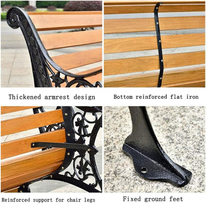 Outdoor Solid Wood Garden Park Bench for 2-3 People, Weatherproof Patio Lawn Bench Porch Seat with Cast Iron Frame, Porch/Deck/Patio Furniture Bench with Backrest and Armrests(Brown+Black Chair Legs,1