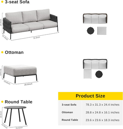 EAST OAK Life Chatter Patio Furniture Set, Outdoor Furniture Sectional Sofa Set with Round Coffee Table, 4 Seats Sofa Deep Seating with Thick & Washable Cushions, Black & Grey