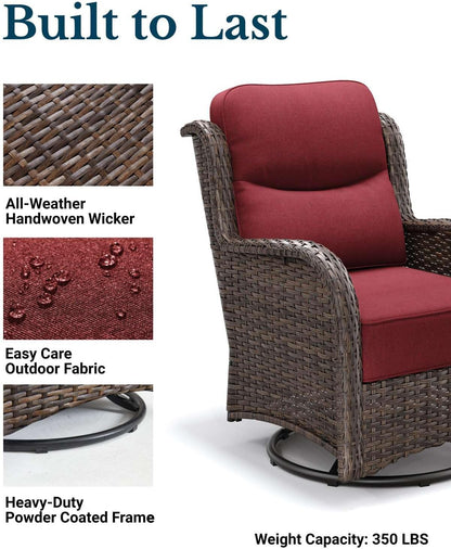 HILLGA Luxury Patio Furniture Set with 6-inch Thick Cushion, Outdoor High Back Swivel Rocker Patio Chairs, 3PCS Wicker Conversation Set for Deck Yard and Poolside, Burgundy (V2)
