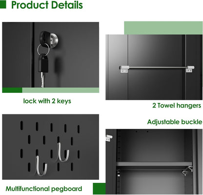 Broom Closet Storage Cabinet with 5 Pegboard, Hanging Rod &13 Hooks, Utility Metal Garage Storage Cabinets with Doors and 4 Shelves for Garage Home Office, Black,71.4" H x 31.5" W x 15.7" D