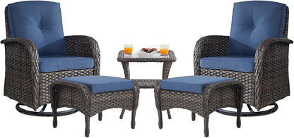 Small Conversation Sets Patio Funiture - 5 Piece Outdoor Swivel Rocker Wicker Furniture Sets with Ottomans Side Table Perfect for Patio Deck Backyard, Brown Wicker Blue Cushion