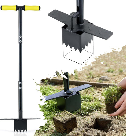 Colwelt Sod Plugger Tool 36-INCH, Grass Plug Tool 3 x 3 Square with Serrated Base, Long Handle Bulb Planter Tool with Dual Pedals & Easy Foot Ejector, Sod Turf Cutter for Lawn Planting Grass Repair