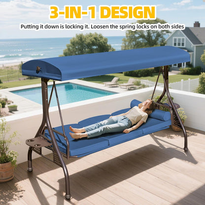 3-seat Patio Swing with Canopy,Convertible Outdoor Swing Bed with Thick Cushions, Pillows & Cup Holders, 3-Seat Outdoor Swings Chair for Backyard, Garden, Deck(Blue)