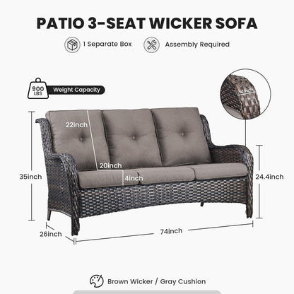 Outdoor Furniture 3-Seater Rattan Sofa Patio Wicker Sofa Couch Furniture Set with Washable 4” Grey Cushions