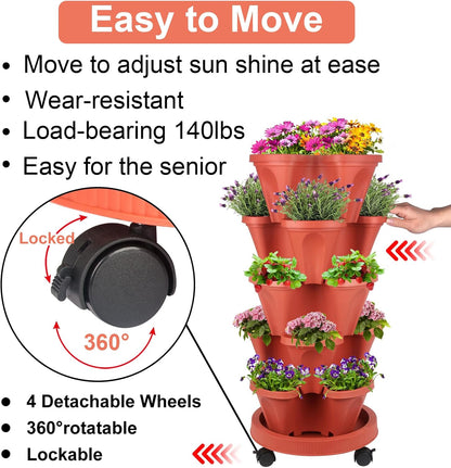 DUNCHATY 5 Tier Plant Pot, Vertical Garden Planter, Strawberry Planter, Indoor/Outdoor Planters, 2 Set, Brick Red, 29 x 13.6 x 13.6 inches