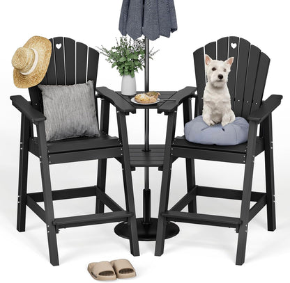 Tall Adirondack Chairs Set of 2 with Double Layer Connecting Table, HDPE Bar Height Outdoor Table and Chairs with Umbrella Hole, All Weather Outdoor Bar Stools for Patio, Deck,Backyard(Black)