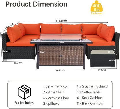 25-Pc Patio Furniture Set - 7 Piece Outdoor Rattan Sofa Set with 57" Fire Table and 17 Accessories, Modular Sofa Set for Garden/Poolside, Orange/Black