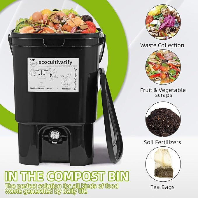 20L Bokashi Bucket with Air Sealing Lid, 5.28 Gallon Compost Bin, Kitchen Composter with Bran, Kitchen Compost Pail, ecocultivatify Bokashi Kit Set with Starter(Black)