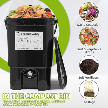 20L Bokashi Bucket with Air Sealing Lid, 5.28 Gallon Compost Bin, Kitchen Composter with Bran, Kitchen Compost Pail, ecocultivatify Bokashi Kit Set with Starter(Black)