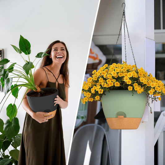 ZMTECH 12 Inch Hanging Planters for Indoor Outdoor Plants, 1 Pack Self Watering Hanging Plant Pots with Drainage Holes and Removable Saucer, Plastic Flower Hanging Pots with Watering Lip (White)