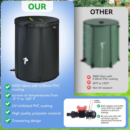 Upgraded 132 Gallon Rain Barrel Water Tank - Portable Rain Water Collection Barrel - Large Water Storage Tank - Stable Water Barrels Rain Catcher with Spigot Overflow Kit, Black