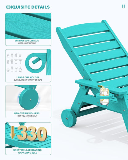 SERWALL Patio Chaise Lounge Chair Set of 2, 78'' Long 5-Positions Adjustable HDPE Outdoor Lounge Chair for Pool, Poly Lounge Chair with Rolling Wheels & Cup Holder for Poolside, Deck, Aqua Blue