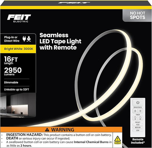 Feit Electric 16 ft LED COB Tape Light, 2950 Lumens Total, 3000K Bright White, Dimmable with Included Remote, Plug-in or Direct Wire Installation, Ultrathin Continuous Strip Lighting, TAPE192/COB/LED