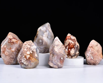AMOYSTONE Cherry Blossom Agate Flame Shaped Stone Towers Obelisk Flower Agate Natural Healing Crystal Quartz Reiki Energy Decoration Home Office 0.6-1.0LBS