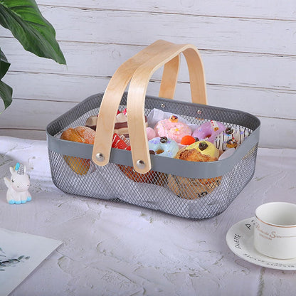 Metal Mesh Steel Basket, Storage Organizer Basket Garden Harvest Basket Multi-functional Kitchen Fruit Baskets Bin with Wooden Handle for Bathroom Picnic Shopping Decor Cabinet Home, Grey