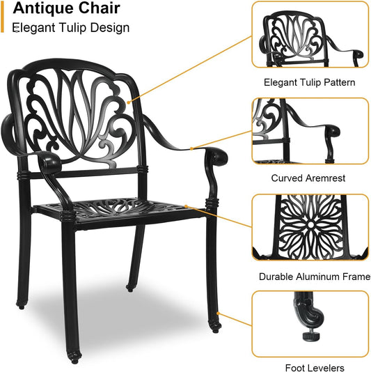 3 Piece Outdoor Bistro Set, All-Weather Patio Cast Aluminum Table and Chairs Set of 2 with 2.4" Umbrella Hole for Patio, Front Porch,Garden, Backyard, Balcony, Black