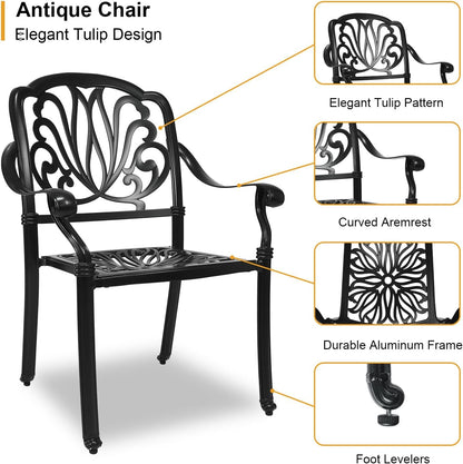 Cast Aluminum Dining Set 5 Piece Outdoor, Patio Conversation Furniture Set, Patio Table and Chairs Set of 4 for Garden Backyard, Black