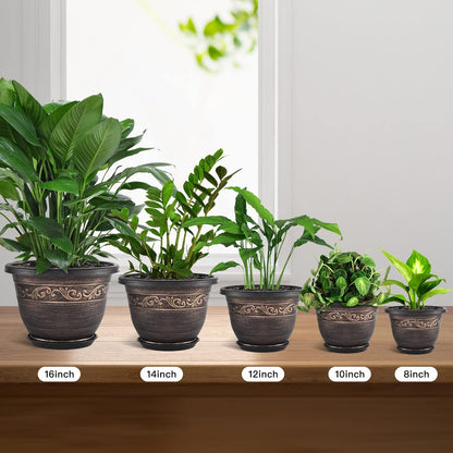 Plastic-Plant-Flower-Planters-16 Inch with Drainage Hole & Saucer, 3 Packs Lightweight Small Resin Flower Pot Indoor Outdoor, Retro Antique Imitation Decorative Garden Containers Sets for Houseplants