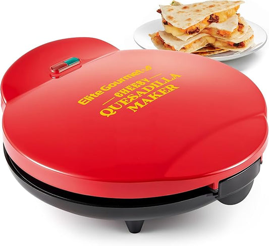 Elite Gourmet 11" Cheesy Quesadilla Maker, 2-Position Locking Latch For Extra Stuffing, Easy-Slice 6-Wedge, Red