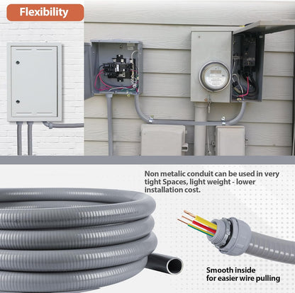 Liquid-Tight Conduit 1-1/2 inch 25ft, Electrical Conduit w/UL Certification, Flexible Conduit with 5 Straight and 5 90-Degree Conduit Connector Fittings Gray