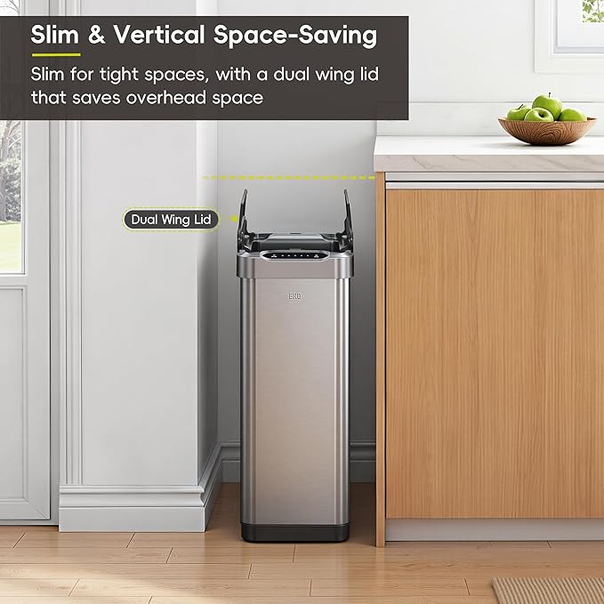 EKO Phantom-T 50 Liter / 13.2 Gallon Vertical Motion Sensor Trash Can, Brushed Stainless Steel Finish