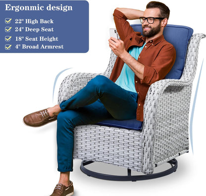 Wicker Patio Furniture Sets - 8 Piece Outdoor Rattan Furniture Conversation Sets with 4 Swivel Rocker Chairs, Rattan Sofa, Wicker Ottomans and Coffee Table, Light Grey/Blue