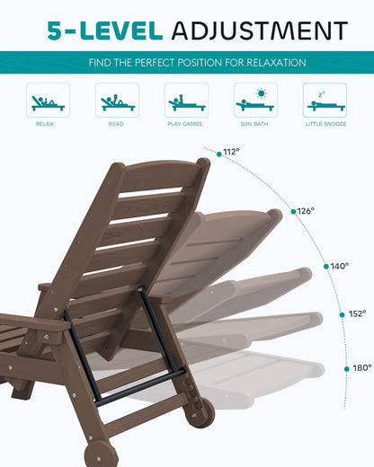 SERWALL Patio Chaise Lounge Chair Set of 2 with 9FT Patio Umbrella, 78'' HDPE Outdoor Lounger, Poly Lounge Chair with Rolling Wheels & Cup Holder for Pool,Coffee Brown (Umbrella Base not Included)