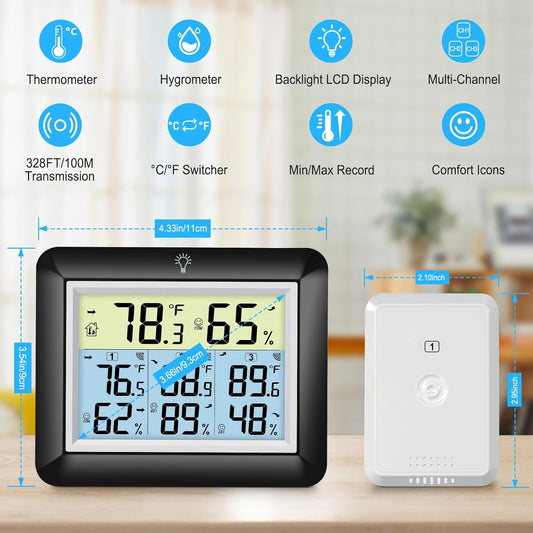 Urageuxy Wireless Indoor Outdoor Thermometer Hygrometer, Digital Temperature and Humidity Monitor with 328ft Range Remote Sensor for Home, Greenhouse, Bedroom, Kitchen, Refrigerator, Black